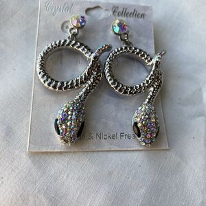 Rattle Snake Earrings Color Silver Goth Sparkle Iridescent Rhinestone